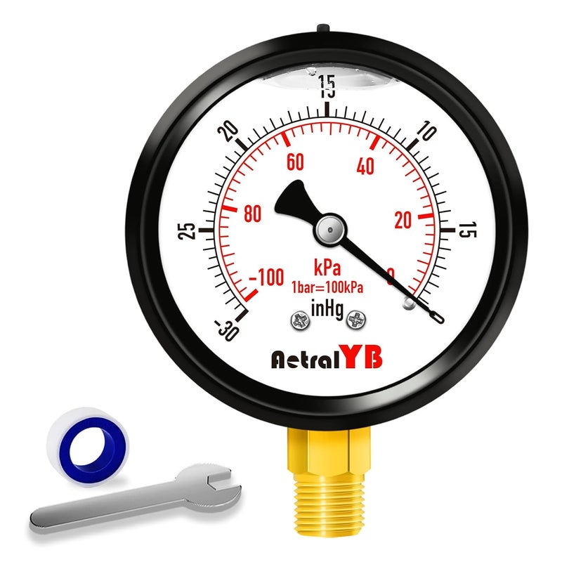 AetralYB 2.5 Inch Vacuum Gauge -30 inHg -100Kpa,304 Stainless Steel Case, Liquid Filled Vacuum Gauge, 2.5" Dial, 1/4" NPT Lower Mount, Vacuum Pressure Gauge for HVAC, Vacuum Pump,Vacuum Pressure Test - Image 1